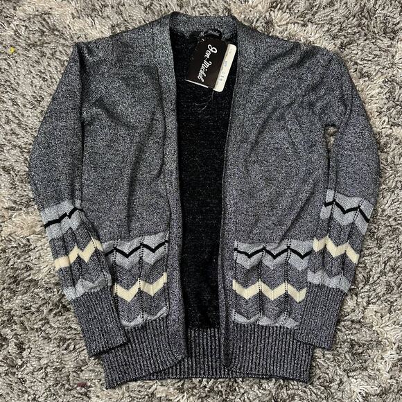Vintage 70s Jon-Michel Sparkly Silver Black Chevron Open Cardigan Sweater 5 6 S - Picture 1 of 8